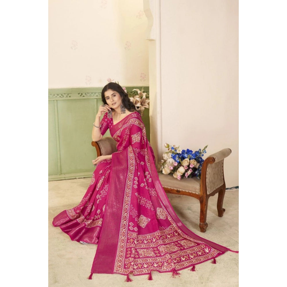 Women's Cotton Silk Printed Saree With Unstitched Blouse 5.5Mtr (Pink)