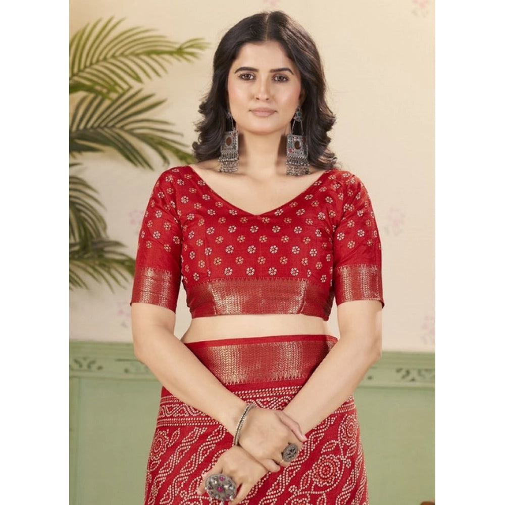 Women's Cotton Silk Printed Saree With Unstitched Blouse 5.5Mtr (Red)