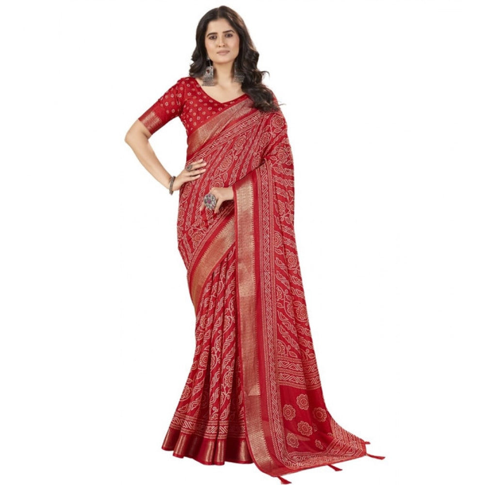 Women's Cotton Silk Printed Saree With Unstitched Blouse 5.5Mtr (Red)