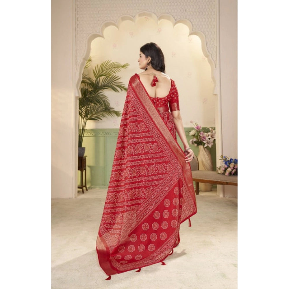 Women's Cotton Silk Printed Saree With Unstitched Blouse 5.5Mtr (Red)