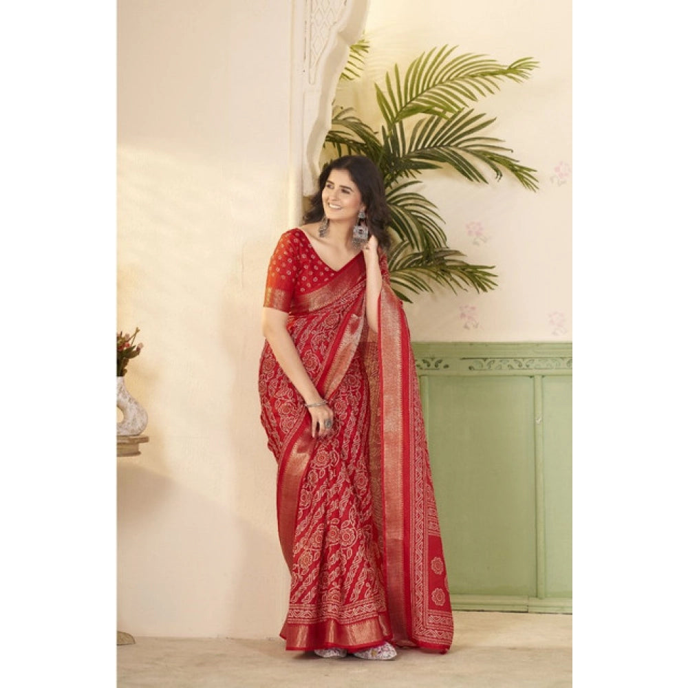Women's Cotton Silk Printed Saree With Unstitched Blouse 5.5Mtr (Red)