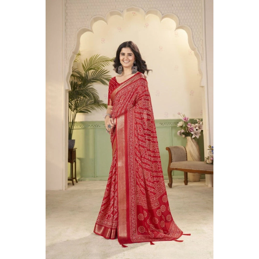 Women's Cotton Silk Printed Saree With Unstitched Blouse 5.5Mtr (Red)