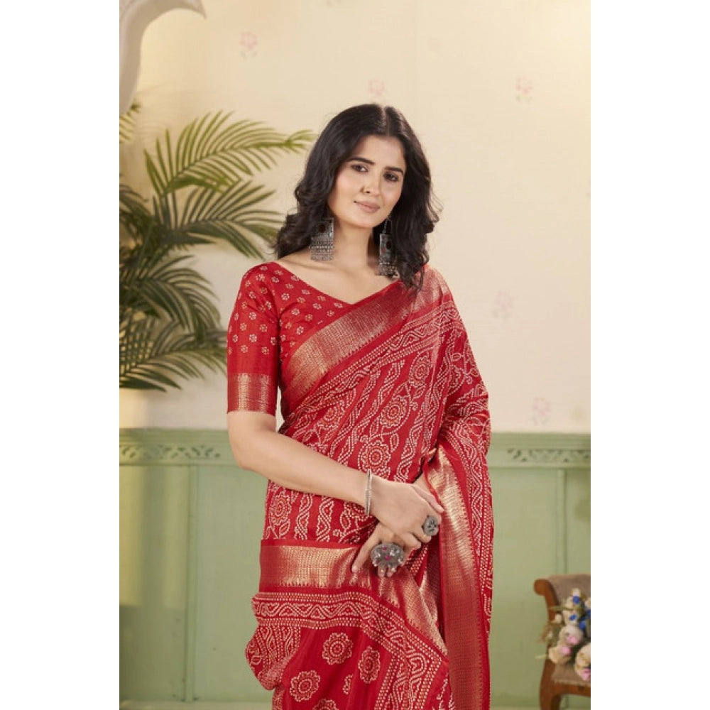 Women's Cotton Silk Printed Saree With Unstitched Blouse 5.5Mtr (Red)