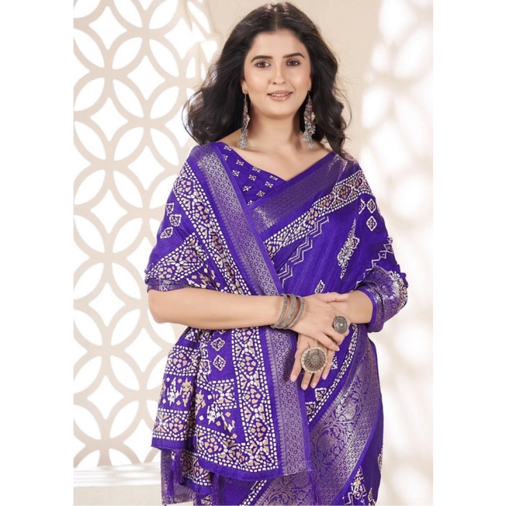 Women's Cotton Silk Printed Saree With Unstitched Blouse 5.5Mtr (Royal Blue)