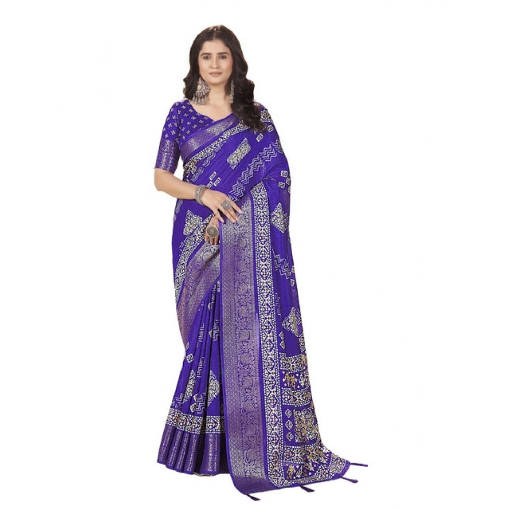Women's Cotton Silk Printed Saree With Unstitched Blouse 5.5Mtr (Royal Blue)