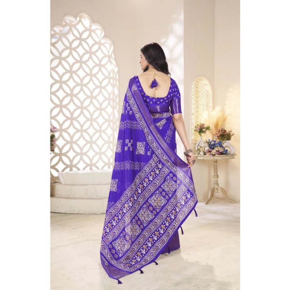 Women's Cotton Silk Printed Saree With Unstitched Blouse 5.5Mtr (Royal Blue)