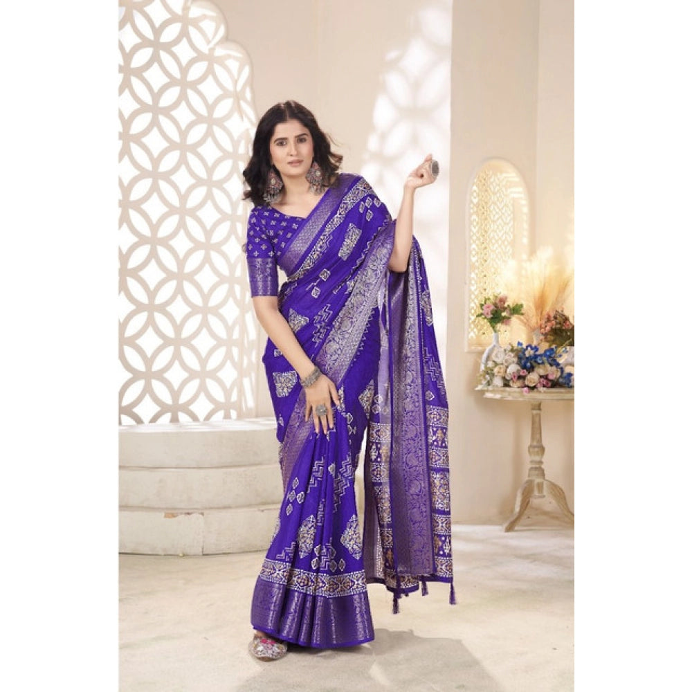 Women's Cotton Silk Printed Saree With Unstitched Blouse 5.5Mtr (Royal Blue)