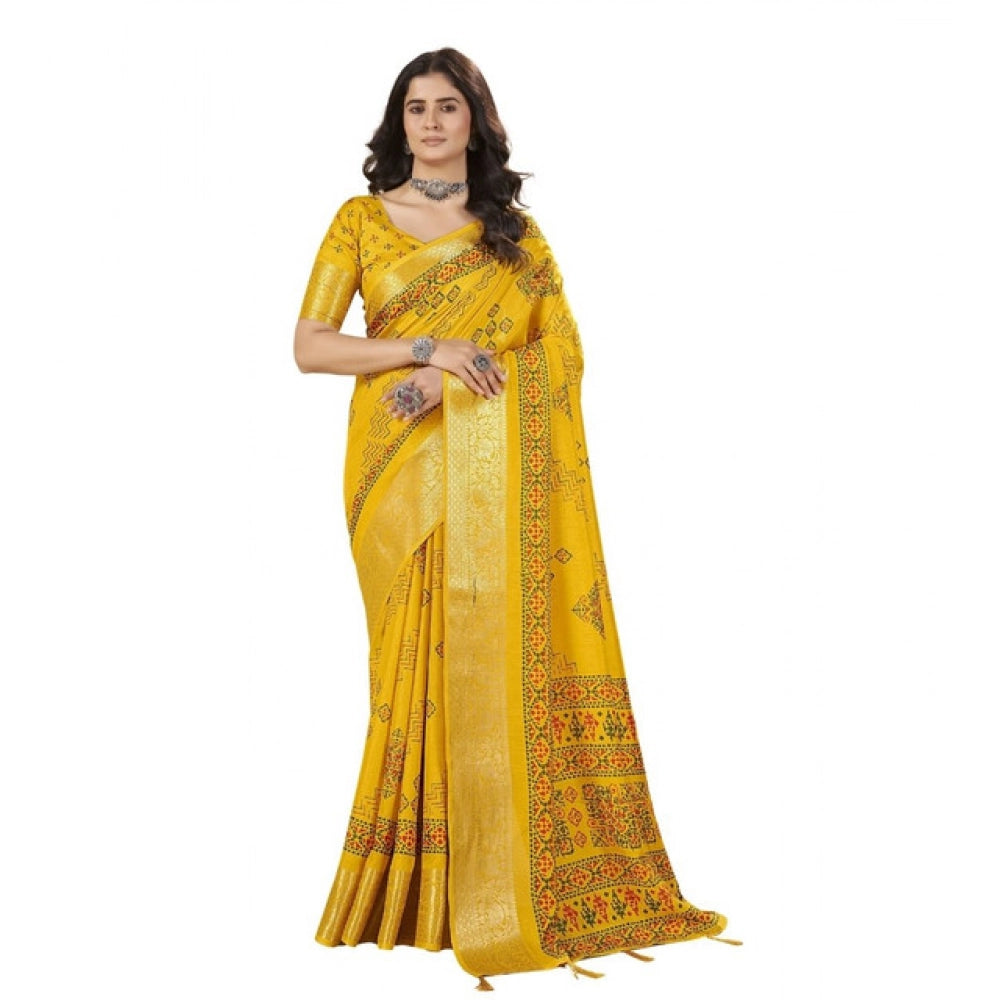 Women's Cotton Silk Printed Saree With Unstitched Blouse 5.5Mtr (Yellow)