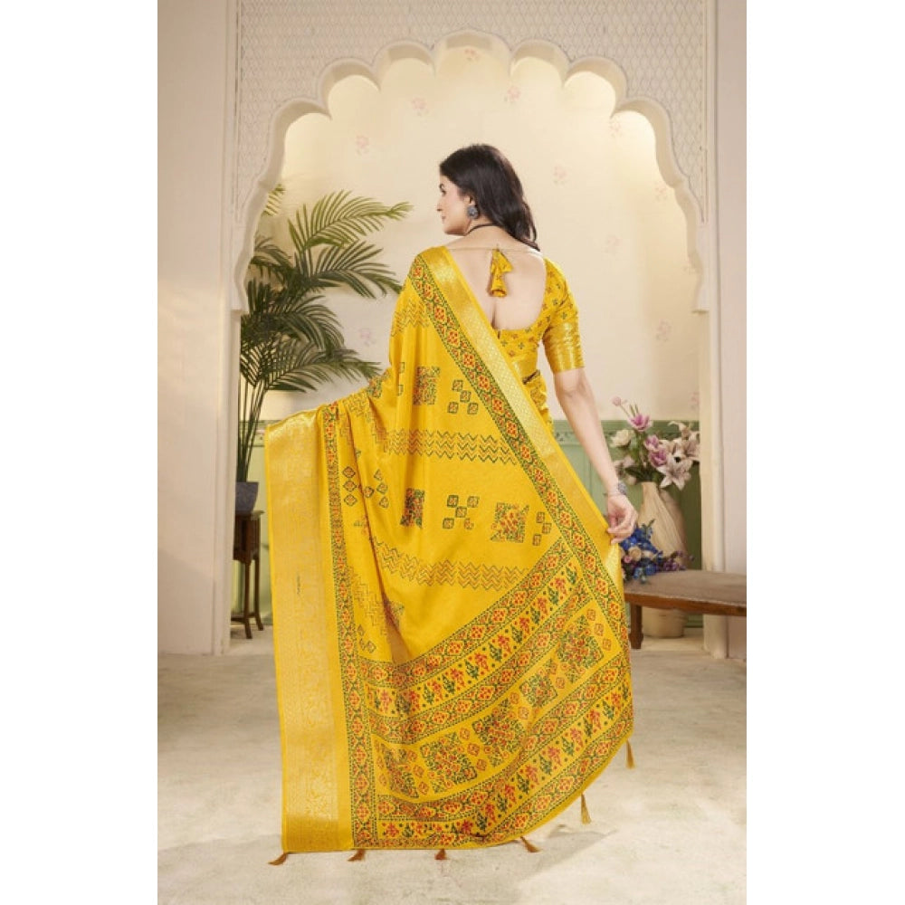 Women's Cotton Silk Printed Saree With Unstitched Blouse 5.5Mtr (Yellow)