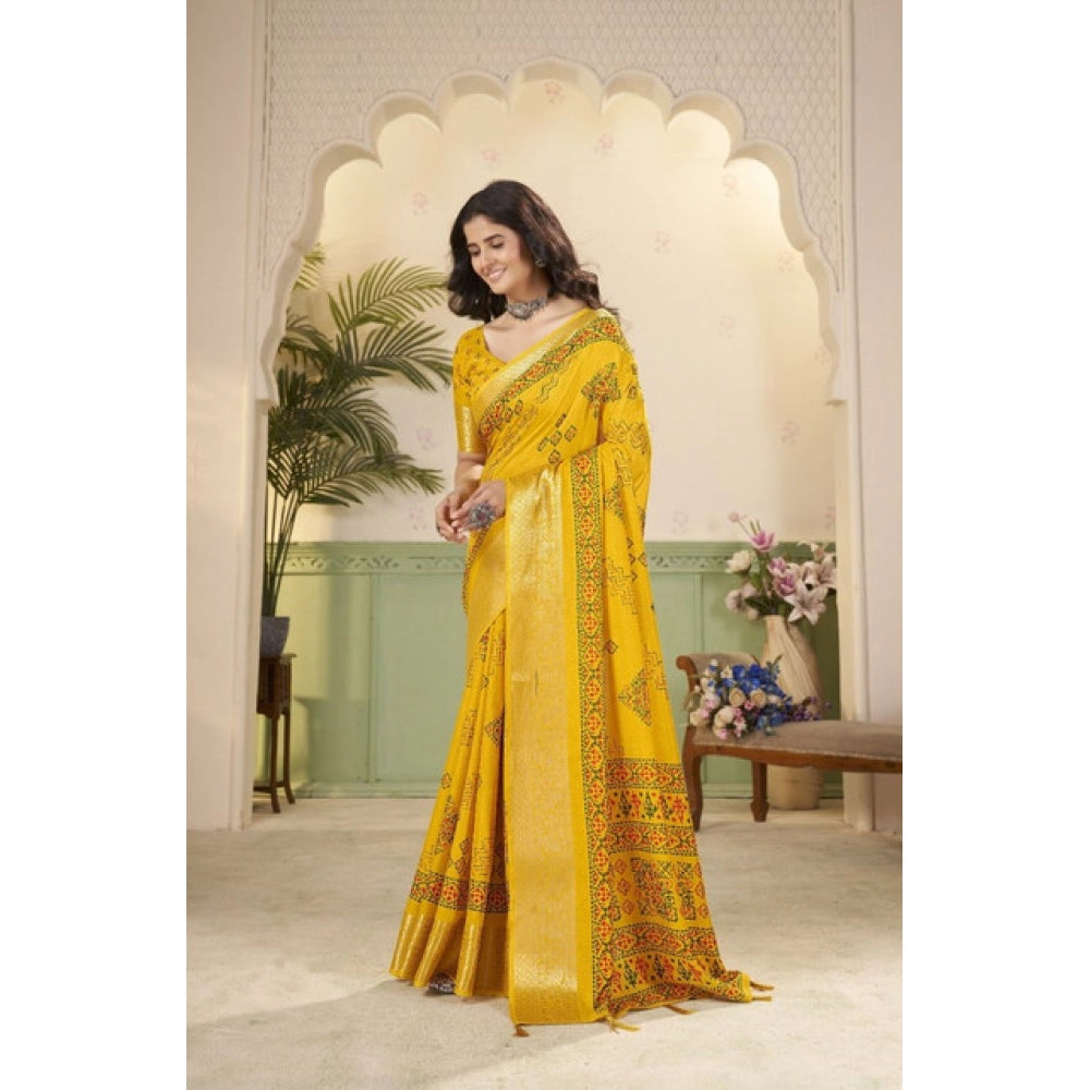Women's Cotton Silk Printed Saree With Unstitched Blouse 5.5Mtr (Yellow)
