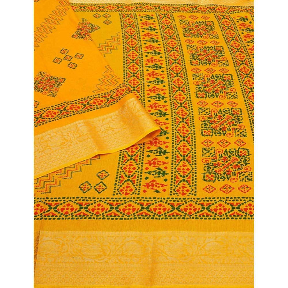 Women's Cotton Silk Printed Saree With Unstitched Blouse 5.5Mtr (Yellow)