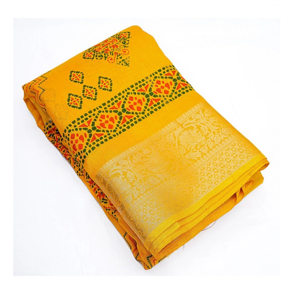 Women's Cotton Silk Printed Saree With Unstitched Blouse 5.5Mtr (Yellow)