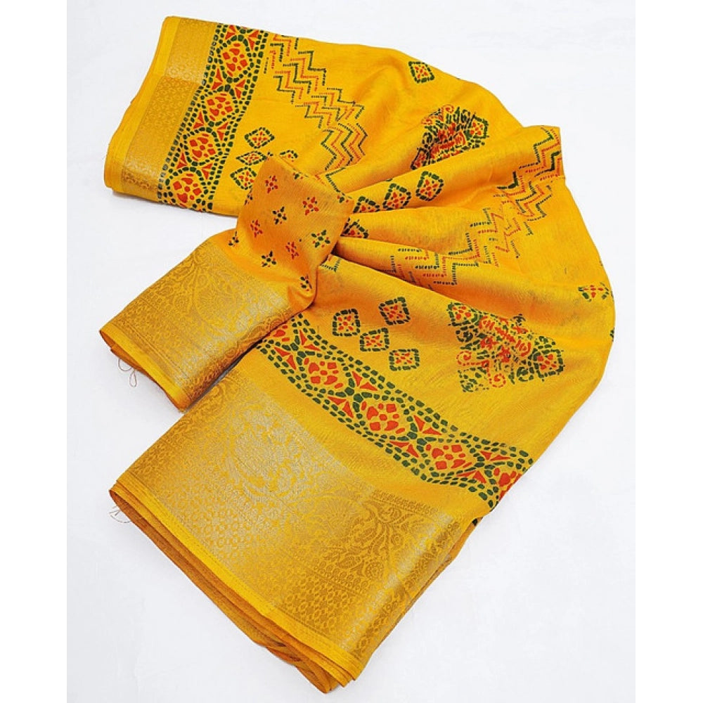 Women's Cotton Silk Printed Saree With Unstitched Blouse 5.5Mtr (Yellow)