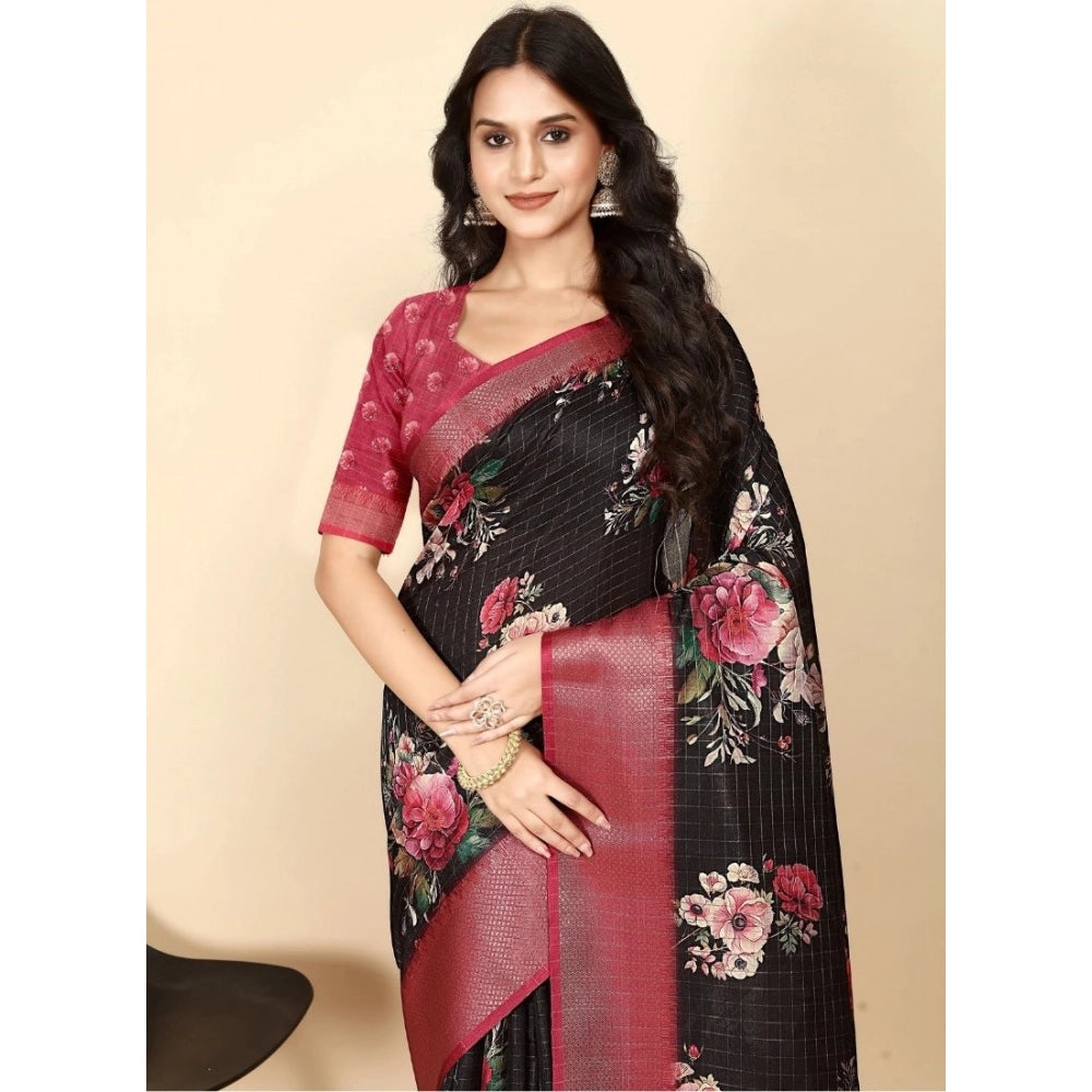 Women's Cotton Silk Floral Printed Saree With Unstitched Blouse 5.5Mtr (Black)