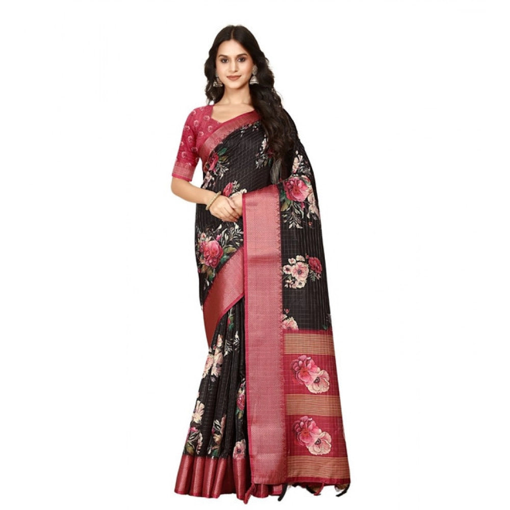 Women's Cotton Silk Floral Printed Saree With Unstitched Blouse 5.5Mtr (Black)