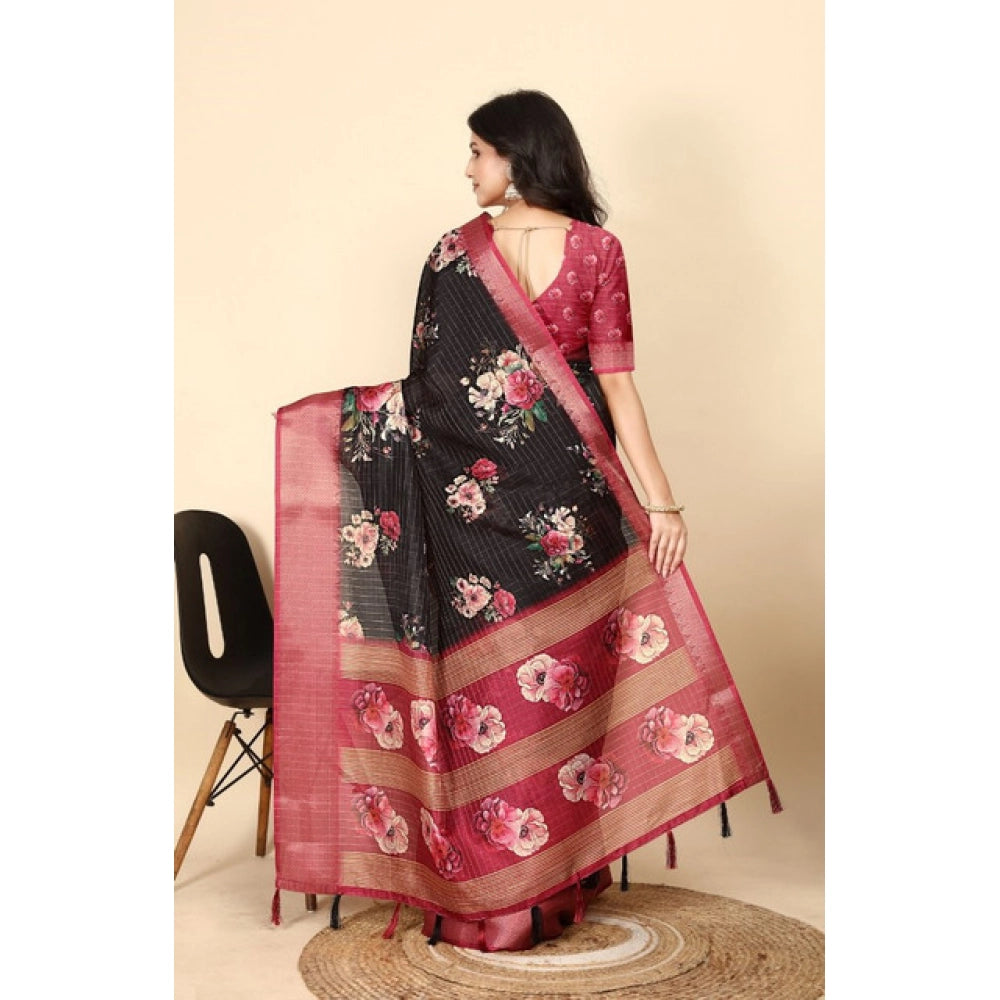 Women's Cotton Silk Floral Printed Saree With Unstitched Blouse 5.5Mtr (Black)