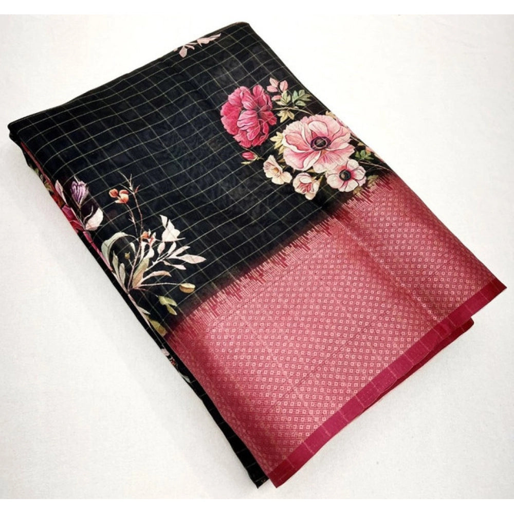 Women's Cotton Silk Floral Printed Saree With Unstitched Blouse 5.5Mtr (Black)