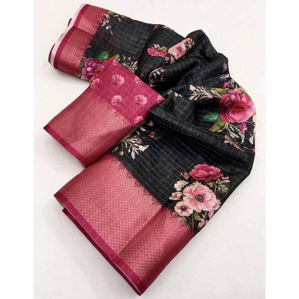 Women's Cotton Silk Floral Printed Saree With Unstitched Blouse 5.5Mtr (Black)