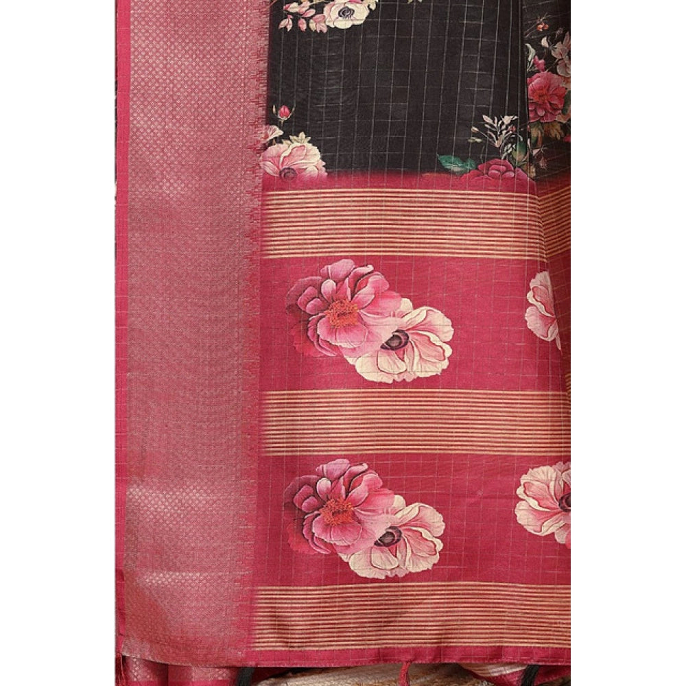 Women's Cotton Silk Floral Printed Saree With Unstitched Blouse 5.5Mtr (Black)