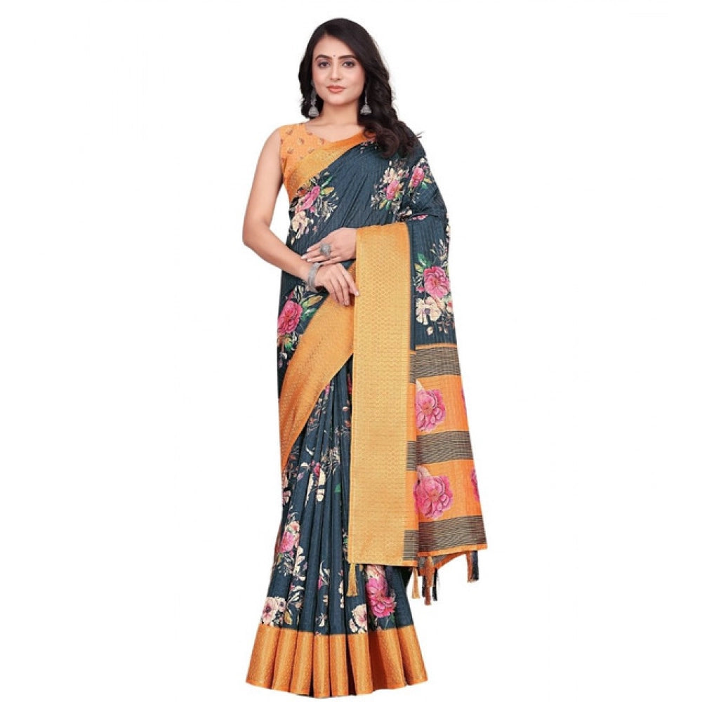 Women's Cotton Silk Floral Printed Saree With Unstitched Blouse 5.5Mtr (Blue)