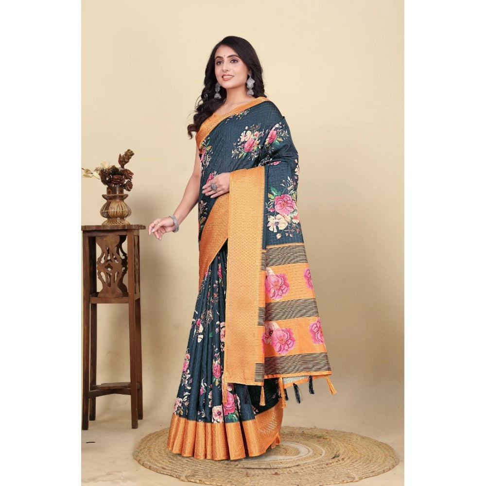 Women's Cotton Silk Floral Printed Saree With Unstitched Blouse 5.5Mtr (Blue)