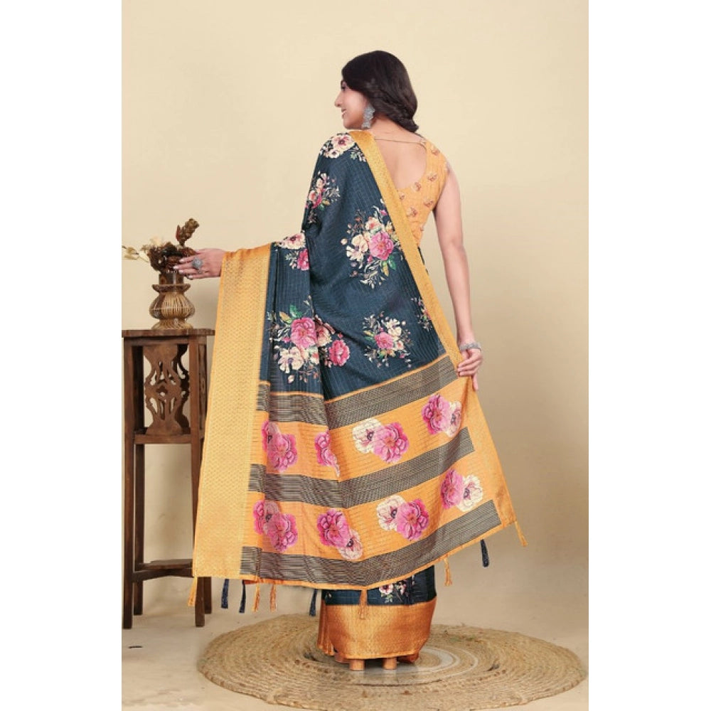 Women's Cotton Silk Floral Printed Saree With Unstitched Blouse 5.5Mtr (Blue)