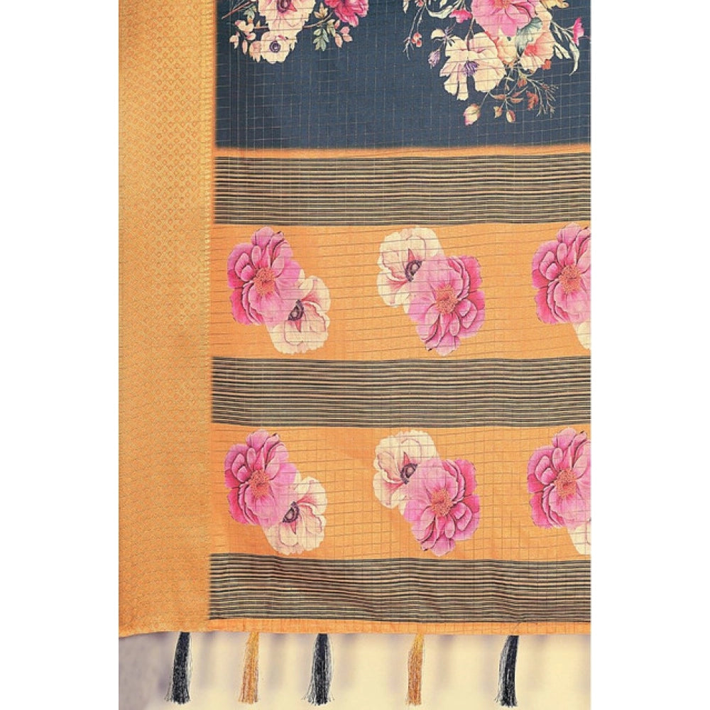 Women's Cotton Silk Floral Printed Saree With Unstitched Blouse 5.5Mtr (Blue)