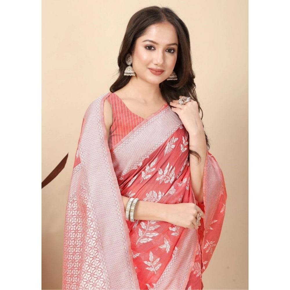 Women's Art Silk Jacquard Printed Saree With Unstitched Blouse 5.5Mtr (Peach)
