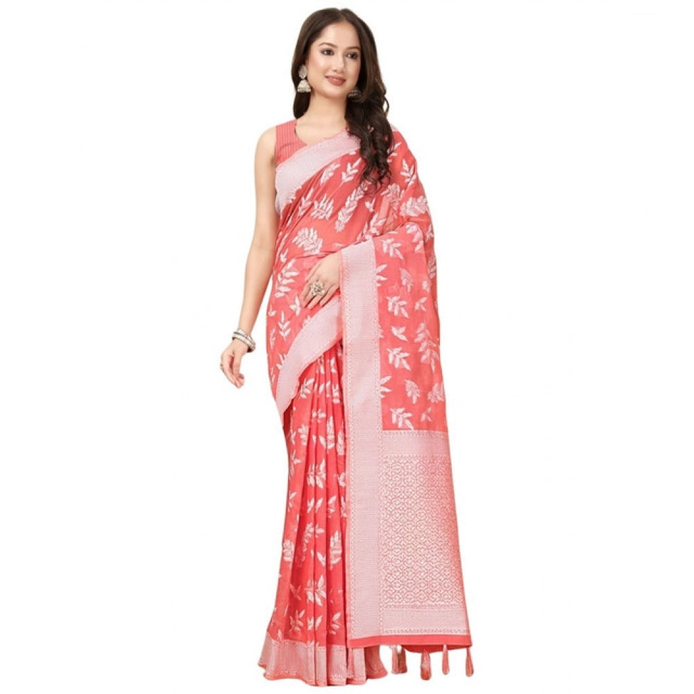 Women's Art Silk Jacquard Printed Saree With Unstitched Blouse 5.5Mtr (Peach)
