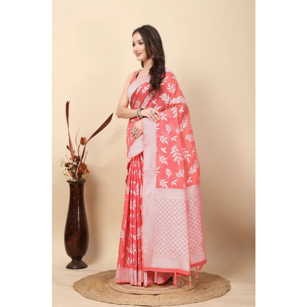 Women's Art Silk Jacquard Printed Saree With Unstitched Blouse 5.5Mtr (Peach)