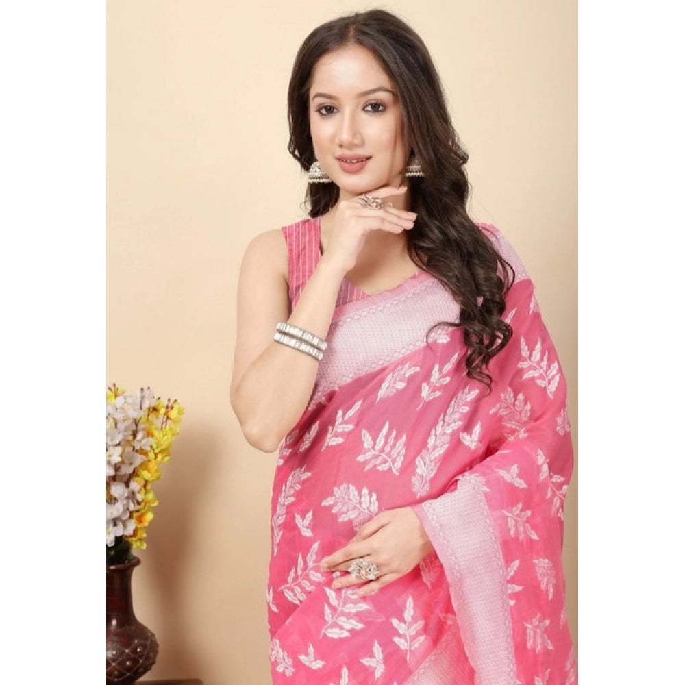 Women's Art Silk Jacquard Printed Saree With Unstitched Blouse 5.5Mtr (Pink)