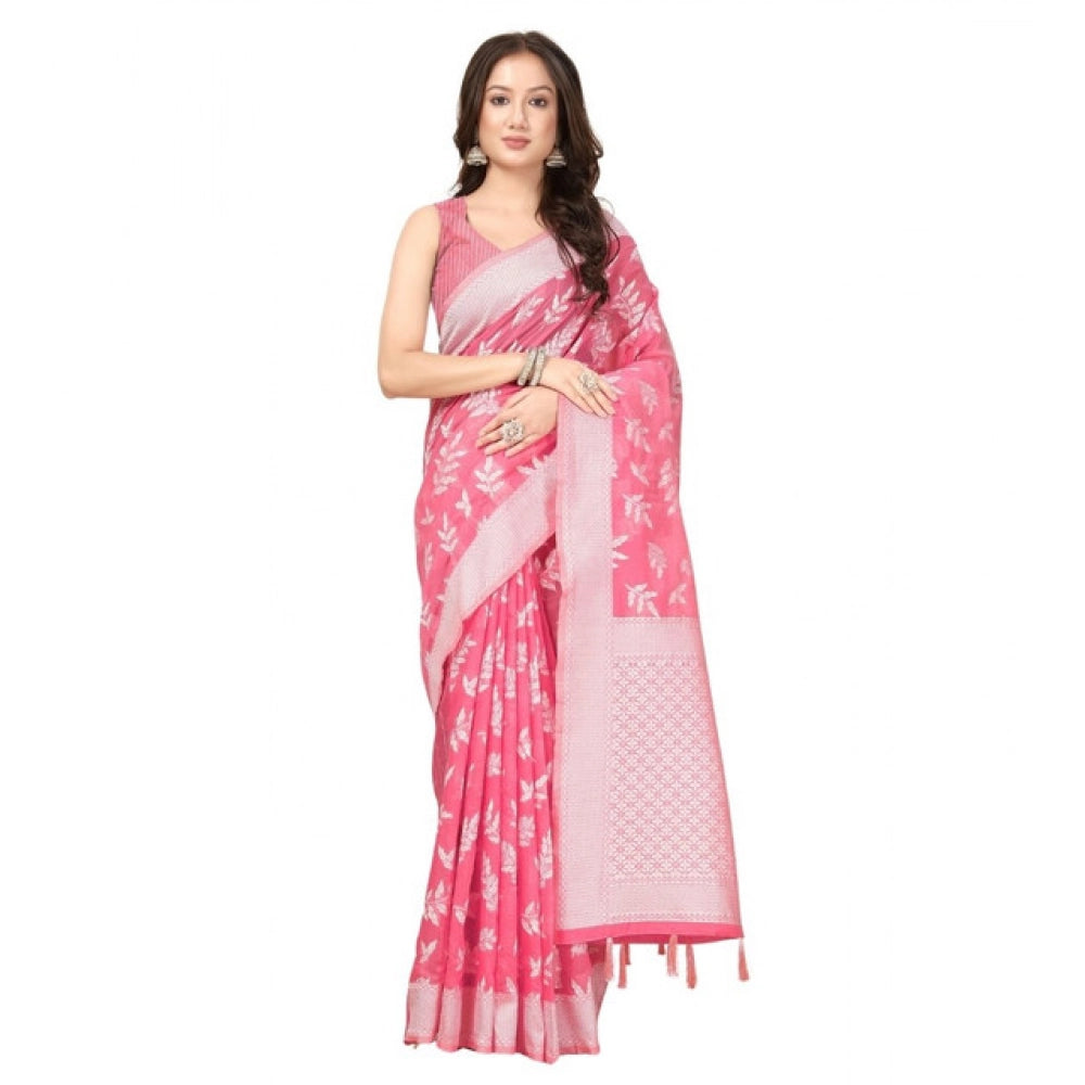 Women's Art Silk Jacquard Printed Saree With Unstitched Blouse 5.5Mtr (Pink)