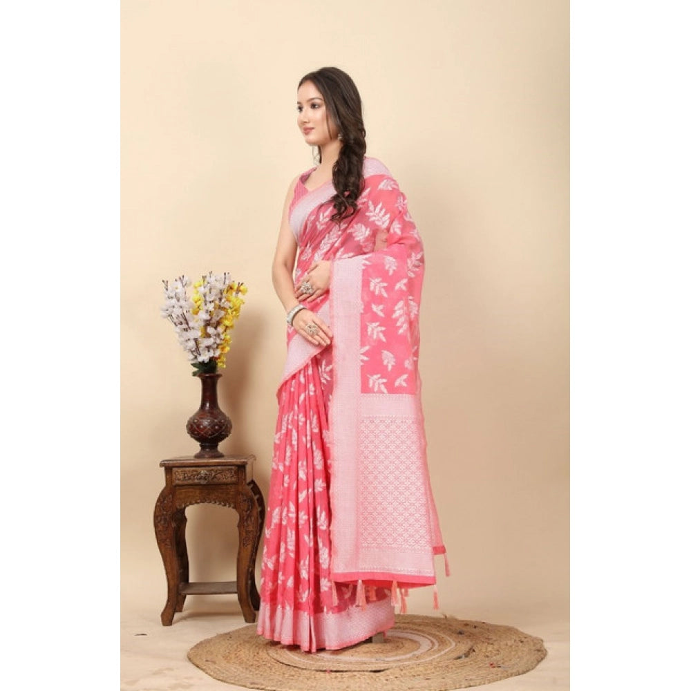 Women's Art Silk Jacquard Printed Saree With Unstitched Blouse 5.5Mtr (Pink)