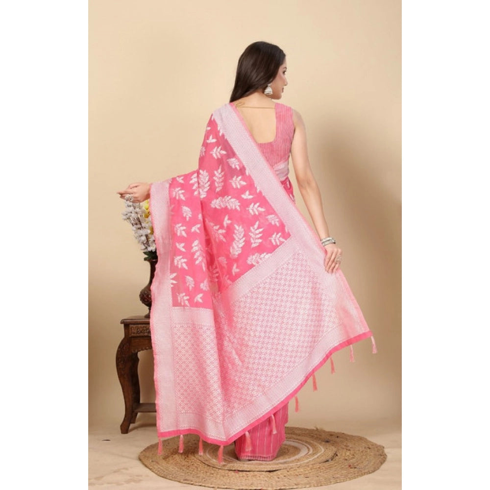 Women's Art Silk Jacquard Printed Saree With Unstitched Blouse 5.5Mtr (Pink)