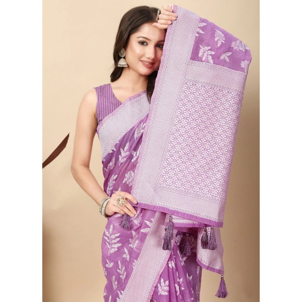 Women's Art Silk Jacquard Printed Saree With Unstitched Blouse 5.5Mtr (Purple)