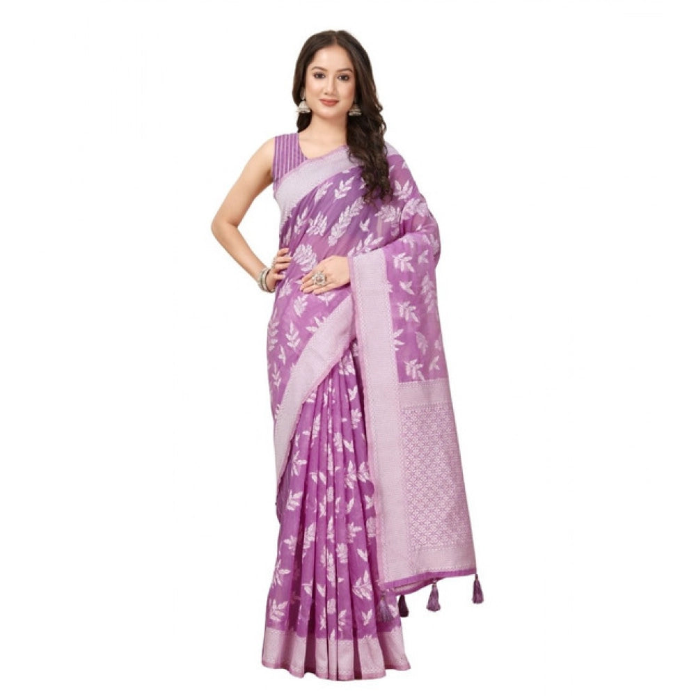 Women's Art Silk Jacquard Printed Saree With Unstitched Blouse 5.5Mtr (Purple)