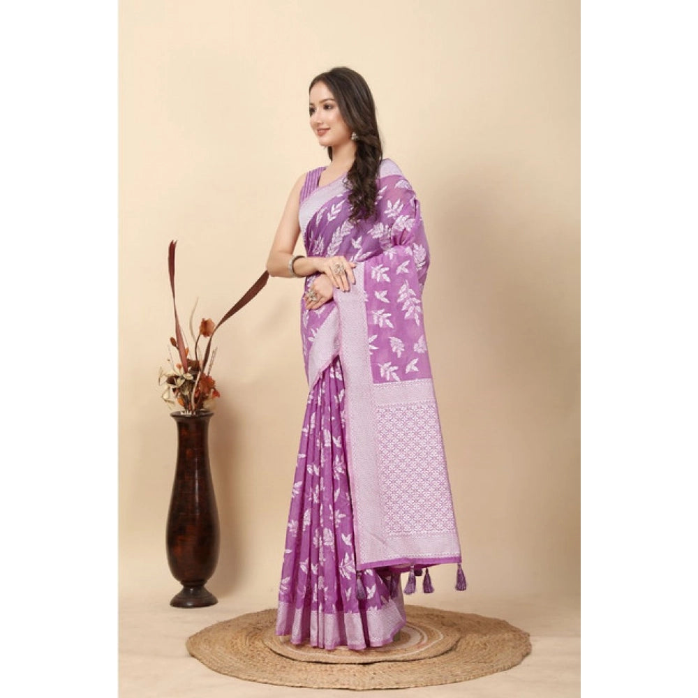 Women's Art Silk Jacquard Printed Saree With Unstitched Blouse 5.5Mtr (Purple)