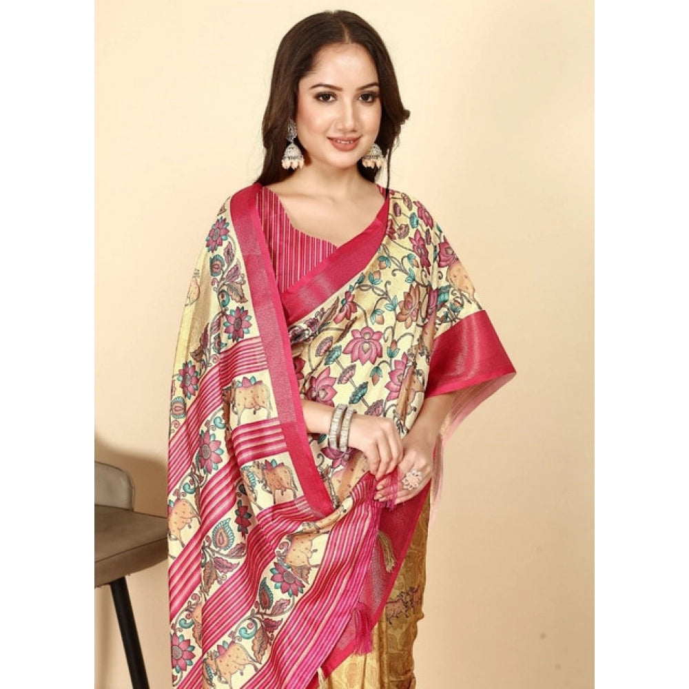 Women's Cotton Silk Printed Saree With Unstitched Blouse 5.5Mtr (Yellow Red)