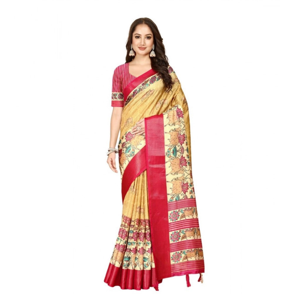 Women's Cotton Silk Printed Saree With Unstitched Blouse 5.5Mtr (Yellow Red)