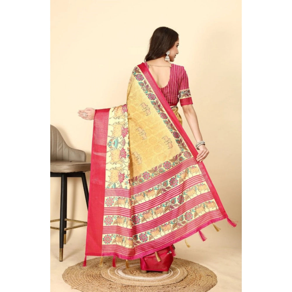 Women's Cotton Silk Printed Saree With Unstitched Blouse 5.5Mtr (Yellow Red)