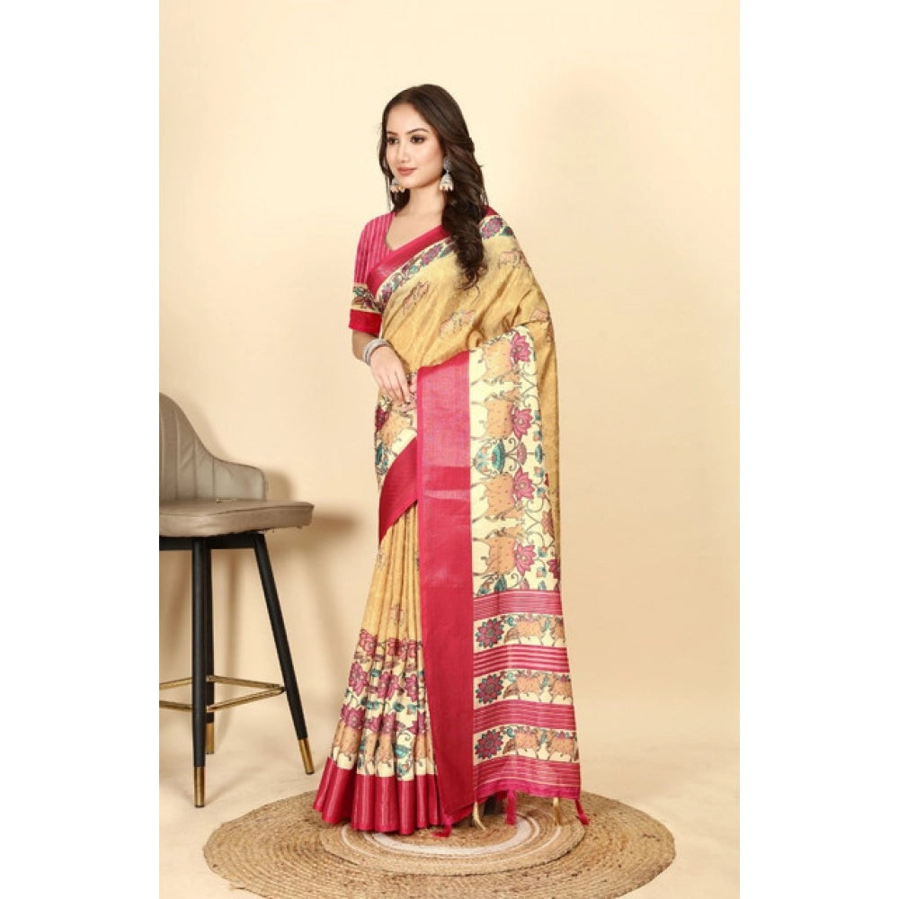 Women's Cotton Silk Printed Saree With Unstitched Blouse 5.5Mtr (Yellow Red)