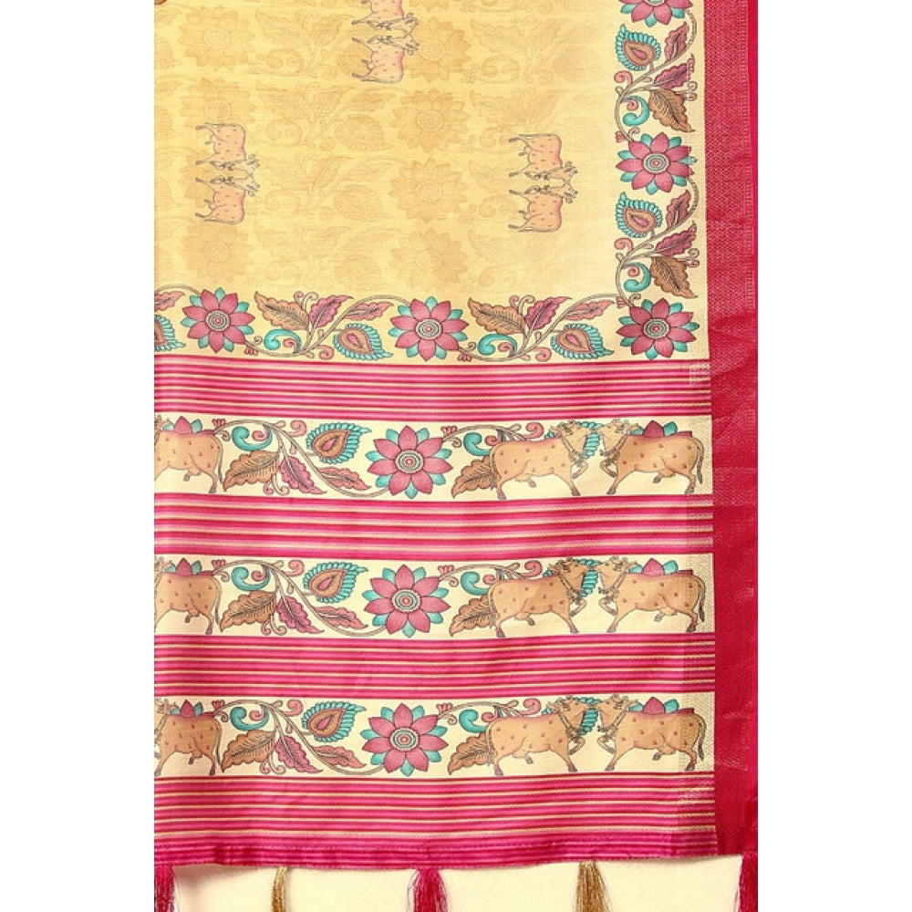 Women's Cotton Silk Printed Saree With Unstitched Blouse 5.5Mtr (Yellow Red)
