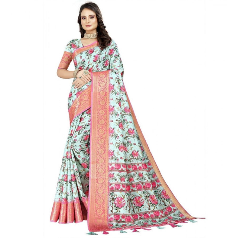 Women's Cotton Silk Floral Printed Saree With Unstitched Blouse 5.5Mtr (Multicolor)