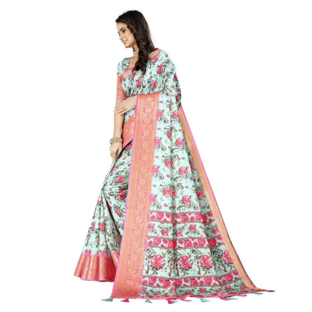 Women's Cotton Silk Floral Printed Saree With Unstitched Blouse 5.5Mtr (Multicolor)