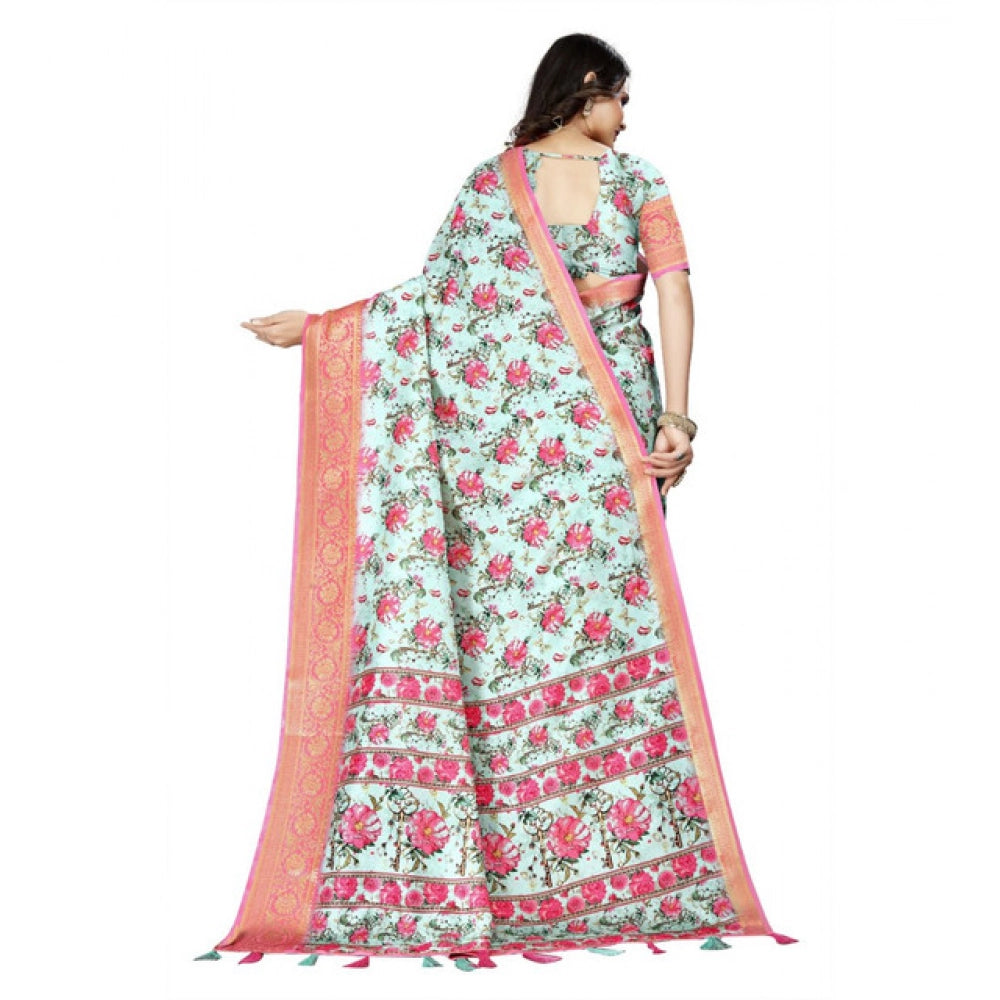 Women's Cotton Silk Floral Printed Saree With Unstitched Blouse 5.5Mtr (Multicolor)