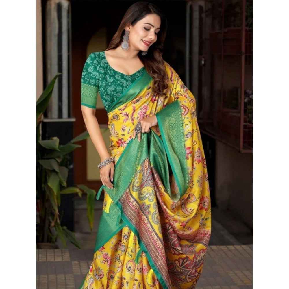 Women's Cotton Silk Floral Printed Saree With Unstitched Blouse 5.5Mtr (Yellow-Green)