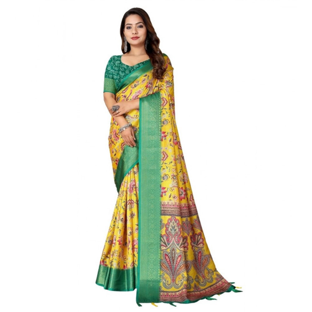 Women's Cotton Silk Floral Printed Saree With Unstitched Blouse 5.5Mtr (Yellow-Green)