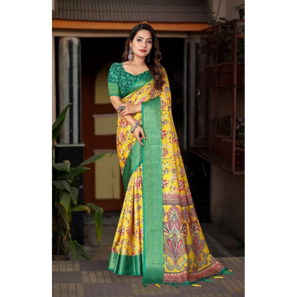 Women's Cotton Silk Floral Printed Saree With Unstitched Blouse 5.5Mtr (Yellow-Green)
