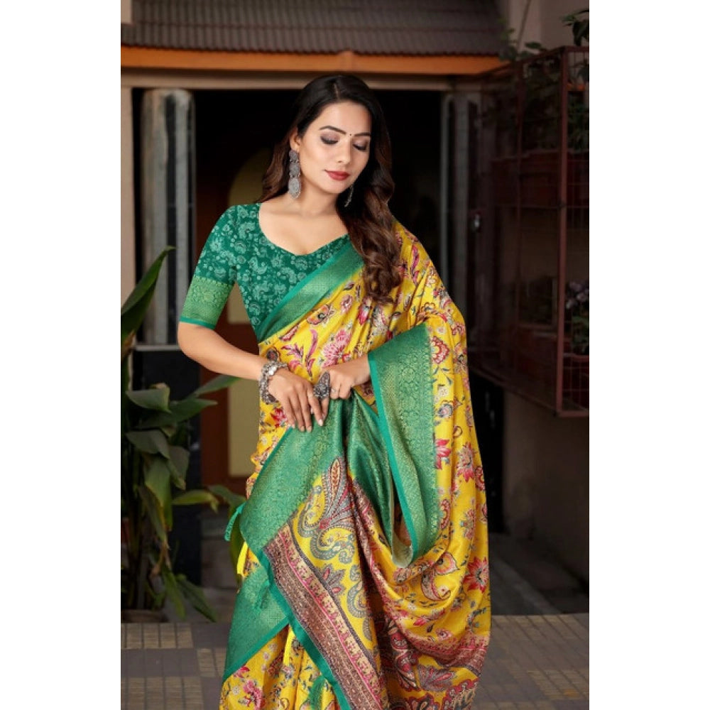 Women's Cotton Silk Floral Printed Saree With Unstitched Blouse 5.5Mtr (Yellow-Green)
