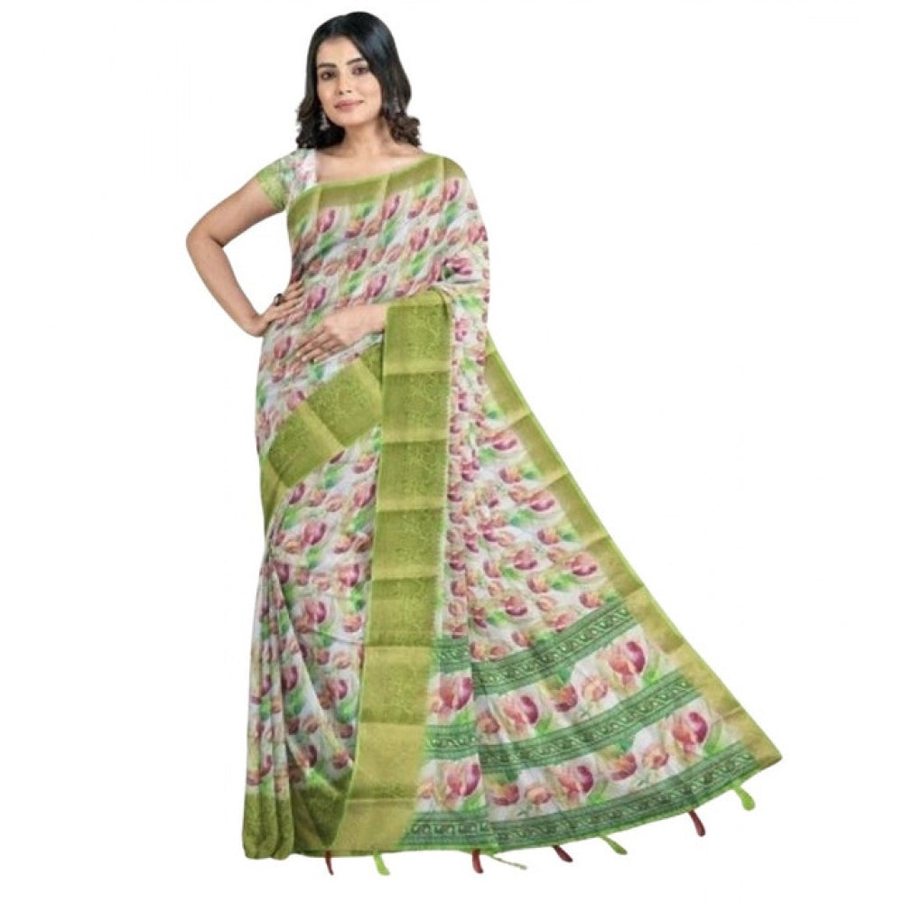 Women's Cotton Blend Floral Printed Saree With Unstitched Blouse 5.5Mtr (Green-White)